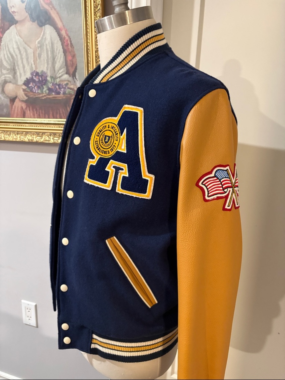Roots Navy and Mustard Letterman Jacket  leather sleeves.